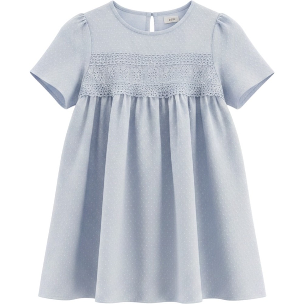 Falechay Womens Swiss Dot Lace Trim Blouse Light Blue Short Sleeve Top 2XL NEW